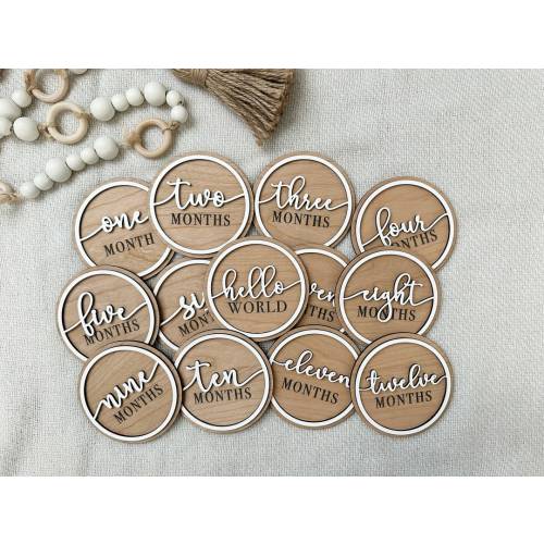 Baby Milestone Monthly Markers | Personalized Baby Shower Gift | Wood Engraved 3D Monthly Milestone Discs | Newborn | Photo Prop