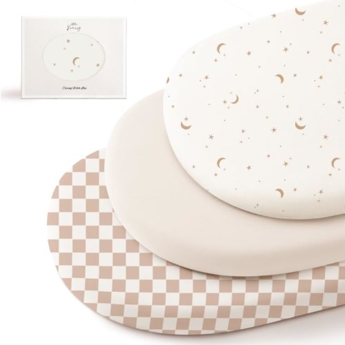 Konssy 3 Pack Stretchy Bassinet Sheets for Baby Girl Boy, Soft Breathable Baby Bassinet Mattress Sheets Fit for Hourglass Oval Cradle, Moses Basket Rectangle Mattress (Coffee Check)
