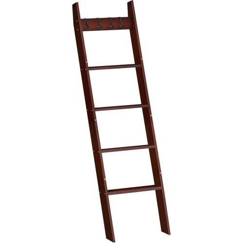 HOOBRO Blanket Ladder for Living Room and Bedroom, 5-Tier Wall Leaning Towel Rack for Bathroom, Decorative Ladder Shelf with 4 Removable Hooks, Farmhouse Blanket Storage, Brown BR51CJ01G1