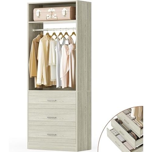 Freestanding 2FT Closet System with 3 Wood Drawers, 24" Closet Organizer System with Hanging Rod & Shelves, Walk-in Closet Systems for Small Closet, White Oak (24"L*15"W*80"H)