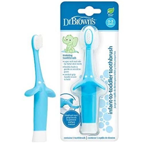 Dr. Brown's Infant-to-Toddler Training Toothbrush, Soft for Baby's First Teeth, Blue Elephant, BPA Free, 0-3 Years