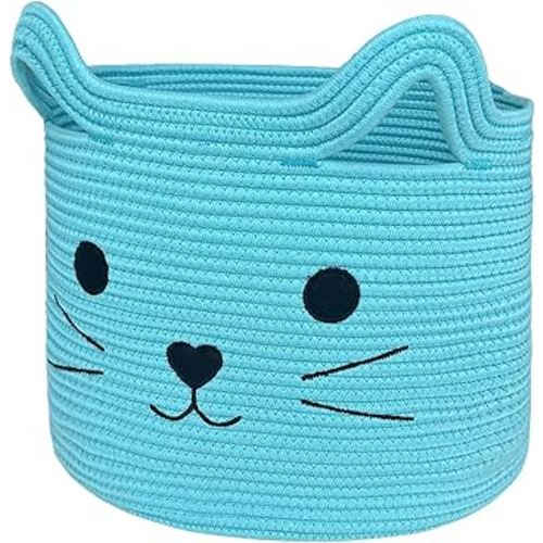 VK VK·LIVING Large Cat Toy Basket with Handles 15"Lx14"H Cotton Rope Toy Box with Cat Design, Cute Animal Basket for Laundry, Baby, Towels, Blankets, Woven Cotton Rope Storage Organizer Blue