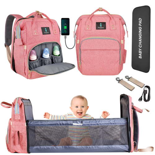 ITACIA Baby Diaper Bag Backpack With Changing Station Waterproof Baby Bag, Pink