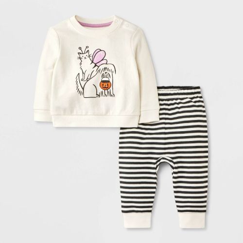 Baby 2pc Halloween Dog & Cat Trick-Or-Treating French Terry & Jogger Pants Set - Cat & Jack™ Cream