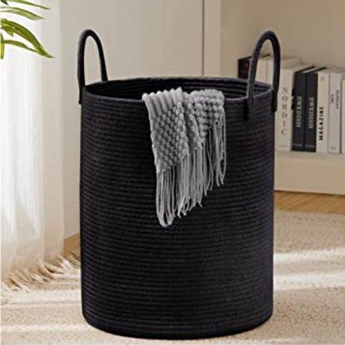 YOUDENOVA Woven Rope Laundry Hamper Basket, 58L Tall Laundry Basket, Baby Nursery Hamper for Blanket Storage, Clothes Hamper for Laundry in Bedroom-Large- Black