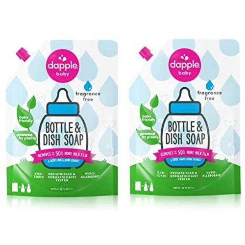 Baby Bottle Soap & Dish Soap Refill by Dapple Baby, Fragrance Free, 34 Fl Oz Refill Pouch (Pack of 2) - Plant Based Dish Liquid for Dishes & Baby Bottles - Hypoallergenic Soap, Liquid Soap Refill