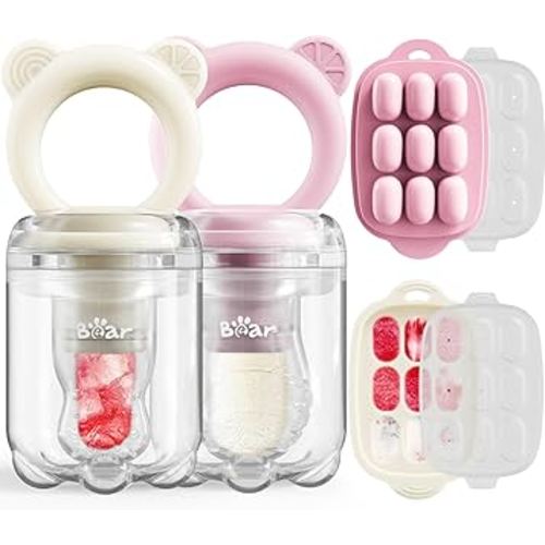Bear Baby Fruit Food Feeder & Mini Freezer Nibble Tray Combo, 2 Pack Breastmilk Popsicle Molds for Baby Teething Relief, BPA Free Silicone Feeder for Safe Infant Self Feeding, Dishwasher Safe, Pink