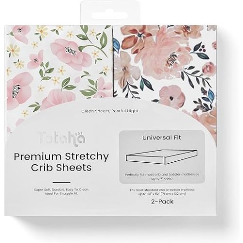 TotAha Premium Stretchy Crib Sheets (2-Pack)-Hypoallergenic, Silky Comfort, Buttery Soft, Calming Effect, All-Season Jersey-Knit Sheets, 9'' Extra Deep Pocket(Meredith Allover Floral & Pale Pink)