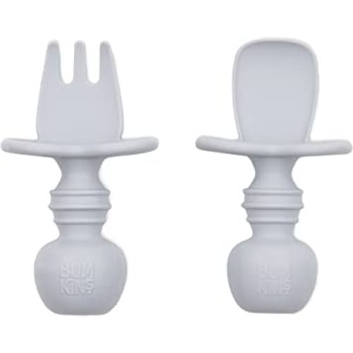 Bumkins Baby Utensils Set, Chewtensils Silicone Spoons for Dipping, Self-Feeding, Baby Led Weaning, Trainer Learning, First Stage Eating, Soft Practice Fork and Spoon, Babies 6 Months, Gray