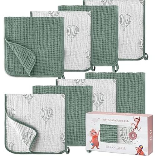 Muslin Burp Cloths, 20"x10"- Pack of 8, 6 Layers Super Soft Absorbent & Breathable 100% Cotton for Baby Drool and Messes, Burp Cloth Baby Boy and Burp Cloths Baby Girl