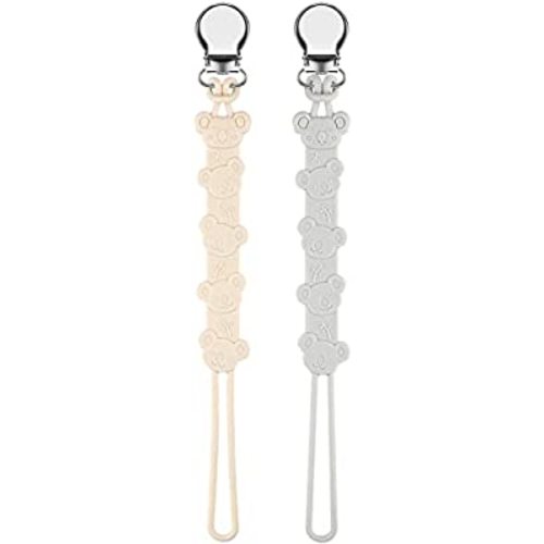 Pacifier Clip Baby Boys Girls Paci Holder Toys Soothie Binky Clips One Piece Design Soft Flexible with Texture Pack of 2 Set (Beige, Grey)