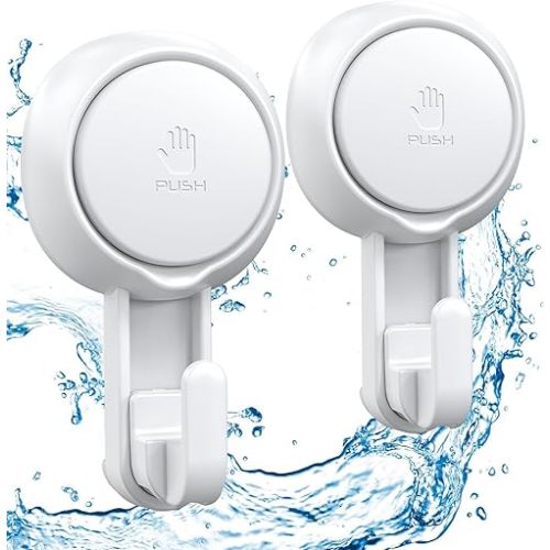 LUXEAR Powerful Vacuum Suction Cup Hooks - Heavy Duty for Shower, Waterproof Suction Hanger for Bathroom Kitchen Towel, Robe, Loofah Removable and Reusable for Bags Coat (2 Pack)
