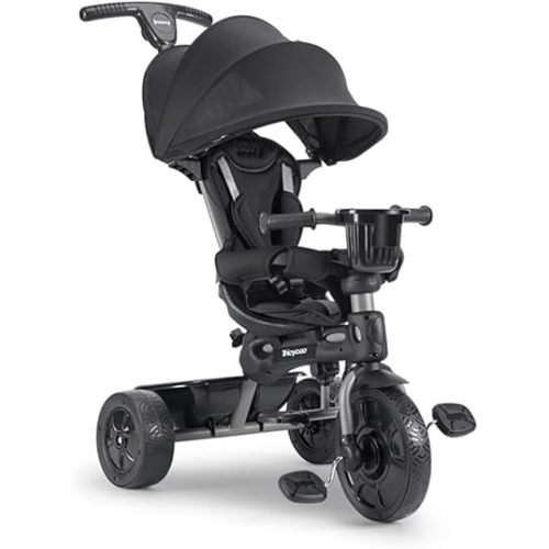 Joovy Tricycoo 4.1 Kids Tricycle with 4-Stages Featuring Extra-Wide Front Tire, Removable and Adjustable Parent Handle, Safety Harness, Machine-Washable Seat Pad, and Retractable Canopy (Black)