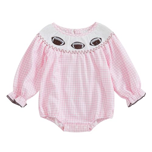 Karuedoo Infant Toddler Baby Girl Football Outfit Plaid Football Embroidery Long Puff Sleeve Smocked Bubble Romper Bodysuit