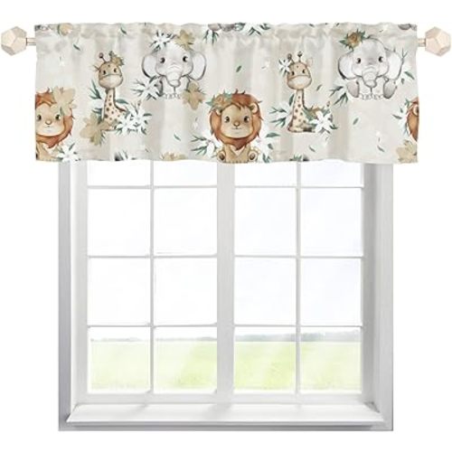 Jungle Safari Animals Boho Retro Floral Valances 54''x18'' Lion Elephant Giraffe Zebra Hippo Rod Pocket Window Treatments Baby Animal Short Curtain for Kids Nursery Bedroom Bathroom Living Room 1 Pack