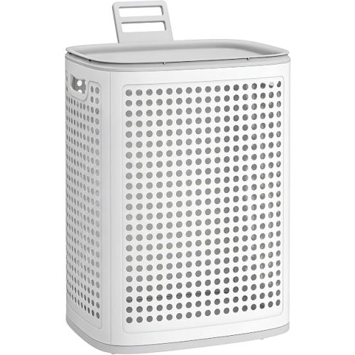 SONGMICS Laundry Hamper with Lid, Plastic Laundry Basket, 19.8 Gallons (75 L), Slim Storage Basket, for Bathroom, Bedroom, White and Gray URLH021WG01