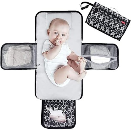 Lekebaby Portable Diaper Changing Pad, Travel Baby Changing Mat with Storage Pockets & Head Cushion, Waterproof Change Mat for Baby Boys & Girls, Arrow-Black