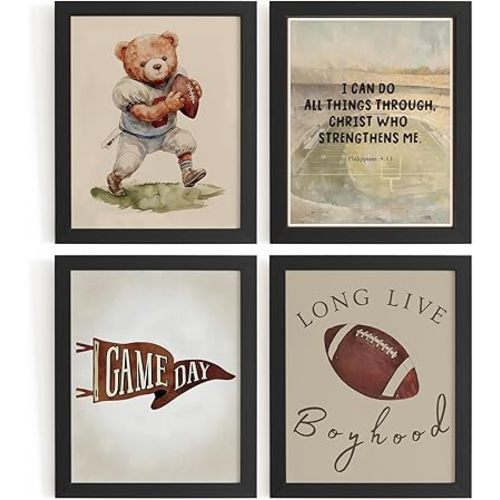 WXHUM Inspirational Football Bear Nursery Boys Room Decor Wall Art Prints Set of 4, Long Live Boyhood Retro Sports Christian Posters for Nursery Toddler Boy Kids Room Playroom, 8x10 inch Unframed