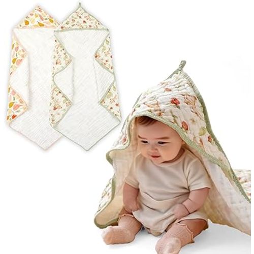 Muslin Hooded Baby Towels,2 Pack Baby Bath Towels,Large 31.5x31.5Inch,Hooded Towels for Baby and Infant,Soft and Absorbent(Strawberries and Pears)