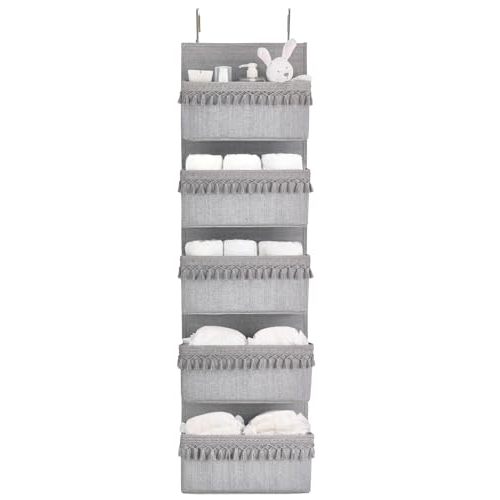 Dahey Over The Door Organizer Boho Nursery Storage Decor Closet Hanging Organizer with Tassels Decoration for Bedroom Nursery Bathroom Apartments Dorm Pantry, 5 Pockets, Grey