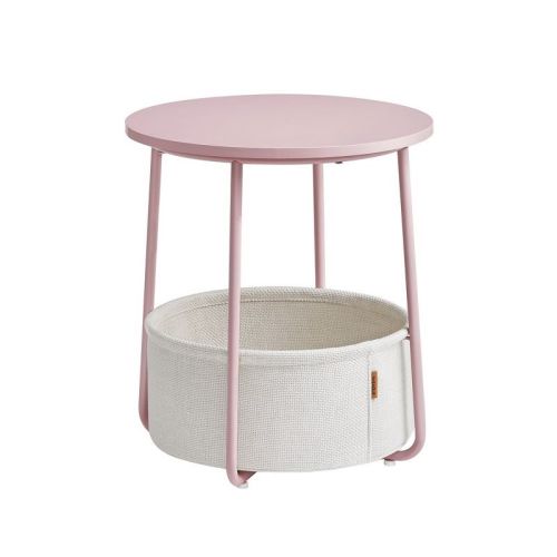 Small Round Side End Table, Modern Nightstand With Fabric Basket Jelly Pink And Cream White