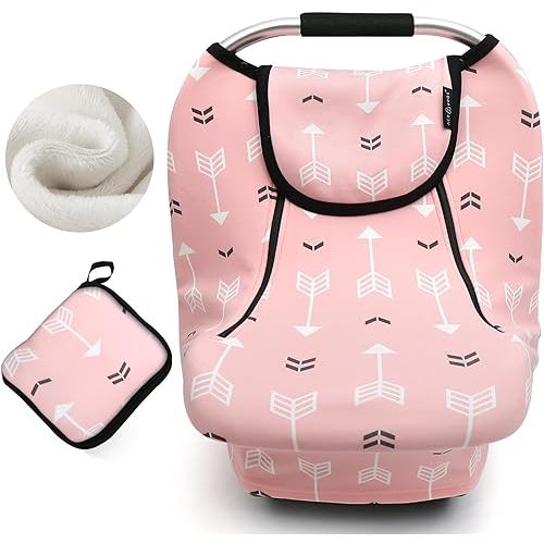 ACRABROS Car Seat Covers for Babies,All Season Infant Carseat Cover Canopy for Boys and Girls,Stretchy Adjustable Peeping Window with Mesh Cover,Warm Breathable Universal,Pink Arrow