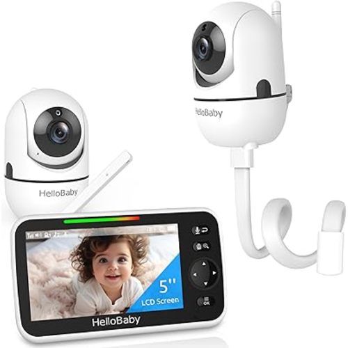 HelloBaby Baby Monitor 2 Cameras with Mount, Upgrade 5’’ IPS Screen 26-Hour Battery Life, Crib Baby Monitor Mount Without Tools or Wall Damage