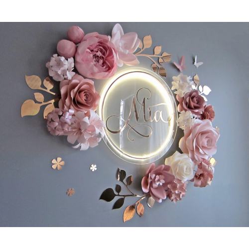 Large Paper Flowers with Neon Name Sign for Nursery Wall Decor Over Crib, Dusty Rose Crepe Paper Peony, Blush Paper Flowers with Gold Leaves