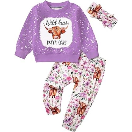 Toddler Girl Clothes Wild Hair Don't Care Highland Cow Sweatershirt Pants Headband 3Pcs Western Cowgirl Outfit