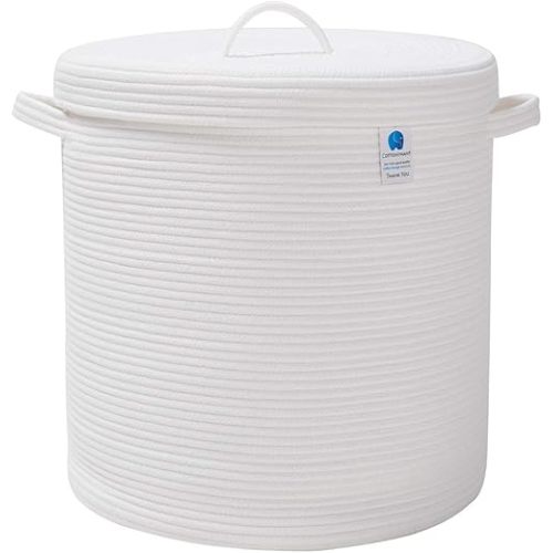 16" x 16" x 18" Extra Large Storage Basket with Lid, Cotton Rope Storage Baskets, Laundry Hamper, Cloth Bin, for Clothes Towels Blankets Pillows Storage in Living Room, Full White Basket with Cover