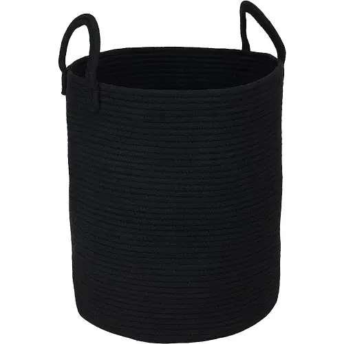 Black Cotton Rope Laundry Basket Hamper for Clothes Woven Storage Basket for Living Room Bedroom Boho Tall Rope Baskets for Blanket Toys Pillow Towels Baby Nursery Hamper Bin Large