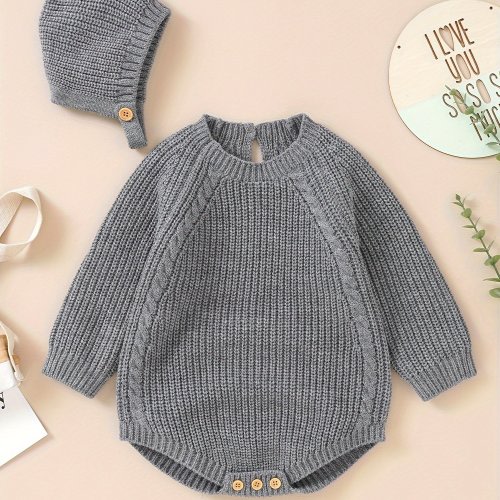 Newborn Baby Girl Boy Knit Sweater Romper Long Sleeve One Piece Bodysuit Pullover with Hat Set Fall Winter Clothes