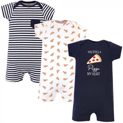 Hudson Baby Infant Boy Cotton Rompers 3pk, Pizza, 0-3 Months