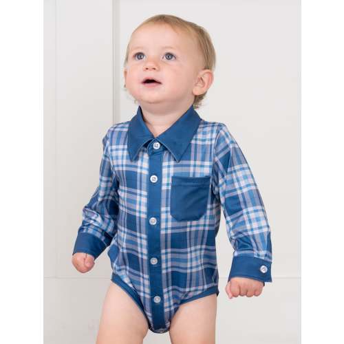Pocket Button Up Plaid Bubble- Blue