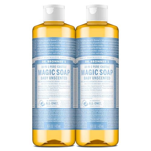 Dr. Bronner's Pure-Castile Magic Liquid Soap (Baby Unscented, 16 Ounce, 2-Pack)- Made with Regenerative Organic Certified Oils, For Face, Hair, Hand & Body Soap, Laundry, Pets- Concentrated, Vegan