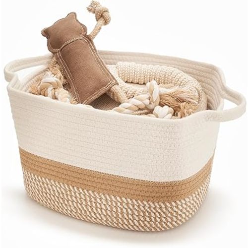 Cute Woven Storage Basket – Stylish Cotton Rope Bin with Handles Keeps Dog Toys, Magazines or Books Organized & Reduces Clutter in Your Living Room Or Laundry - A Decorative Gift and Storage Box