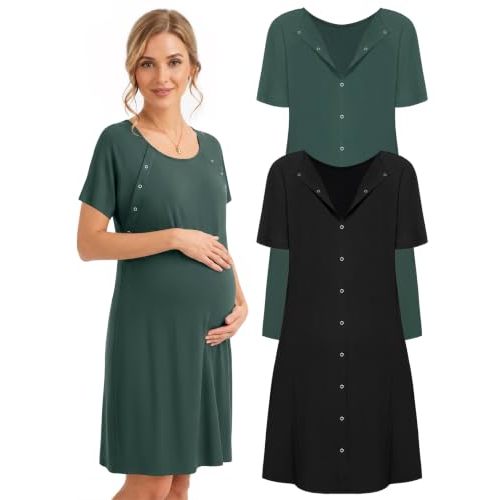 Ekouaer 2 Pack Labor and Delivery Gown 3 in 1 Maternity Nursing Hospital Nightgown Short Sleeve Breastfeeding Gowns