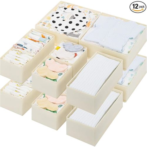 GRANNY SAYS Drawer Organizer Clothes, 12 Pack Dresser Organizer Bins for Nursery, Closet Organization and Storage Dividers for Clothing, Baby Clothes, Underwears, Beige