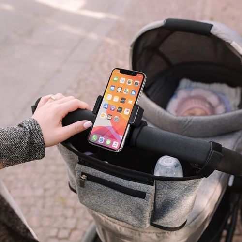 liuliuby Stroller Phone Holder Accessory - Universal Stroller Accessories for Parent, Baby & Toddler – Phone Clamp with Non-Slip Silicon Arm Grip for Belly/Hand Bars, Frames, Shopping Carts