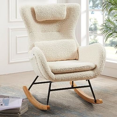 Small Rocking Chair Nursery, Modern Rocker Chair with High Backrest, Comfy Accent Glider Chair with Headrest and and Throw Pillow (Beige White)