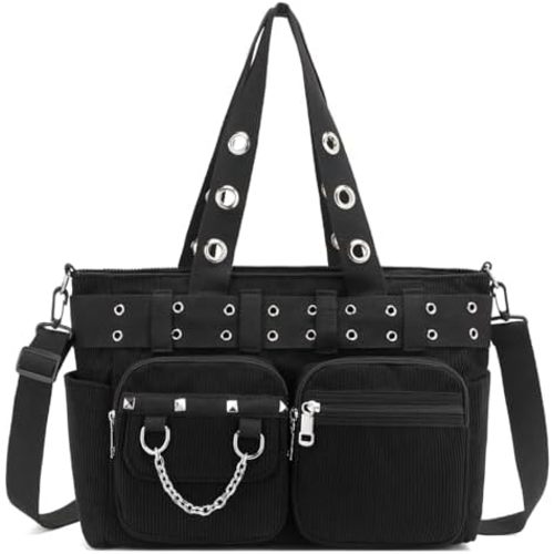 Tote Bag for Women, Corduroy Gothic Purse Goth Bag with Zipper for College, Work, Travel, Gym