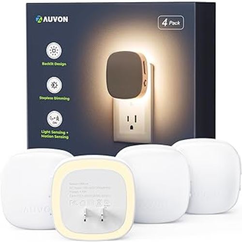 AUVON Plug-in LED Backlit Night Light with Motion Sensor & Dusk to Dawn Sensor, Dimmable Warm White Nightlight with 1-50 lm Adjustable Brightness for Bedroom, Bathroom, Stairs, Hallway (4 Pack)