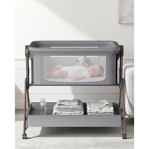Bassinet - Baby Bassinet,3-in-1 Baby Bassinet Bedside Sleeper, Rocking Bassinet with Wheels,Comfy Mattress,Breathable Mesh,Storage,6 Height Adjustable Crib, for Day and Night(Grey)