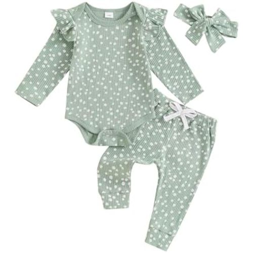Mandizy Baby Girl Clothes Ribbed Ruffle Long Sleeve Romper Pant Set Newborn Infant Fall Winter Floral Print 3Pcs Outifts
