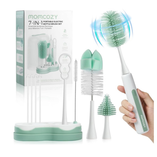 Momcozy 7 in 1 Electric Bottle Brush Kit, Portable Cleaning Set with Formula Mixer, Silicone Brush, Nipple Brush, Straw Brush, Soap Dispenser, Drying Rack - Long Battery Life for Home & Travel