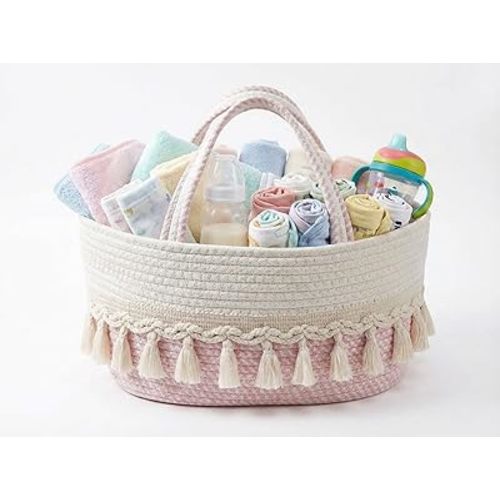 Diaper Caddy Organizer, Stylish Nursery Storage Basket, Baby Shower Basket with Tassel Decorative Appearance, Portable Storage Basket Suitable for Family and Car Travel (pinkish white)