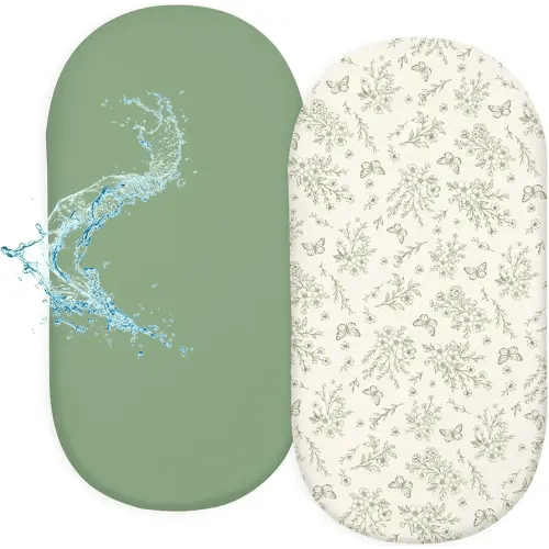 FIOBEE Baby Bassinet Sheets for Girls Boys 2 Pack Waterproof Bassinet Mattress Elastic Fitted Crib Sheets Universal Fit for Hourglass Oval and Rectangle Bassinet Sheet, Green