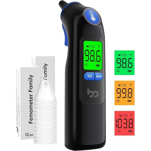 Ear Thermometer, Highly Accurate Ear Thermometer for Kids, Adults and Babies, 30 Memory Recall, 1s Result and 3-Color Fever Alert, with 24 Disposable Probe Covers, Blue