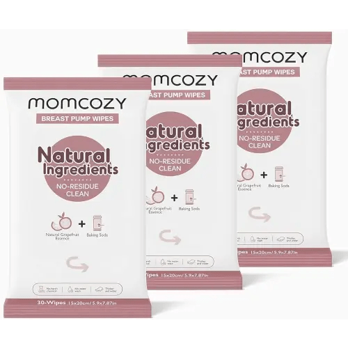 Momcozy Natural Breast Pump Wipes for Pump Parts Cleaning On-the-go, 30 Count (Pack of 3), Flash Clean & Resealable Pump Wipes