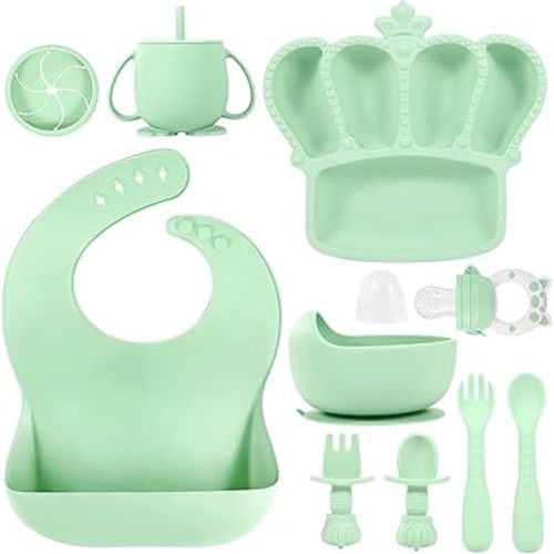 BXLL 10 Pcs Green Silicone Baby Feeding Set - Baby Led Weaning Supplies with Suction Bowl, Divided Plate, Bibs, Fruit Feeder, Pacifier, Spoons, Forks, Sippy Cup & Snack Cup